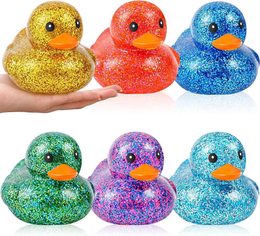Deekin 6 Pcs 3.54 Inch Glitter Rubber Duck Assortment Toy Duckies Bulk Squeak Rubber Duckies for Kid Baby Bath Shower Pool Classroom Summer Beach Activity