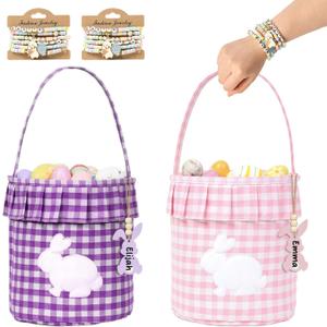 2 Pack Easter Basket with Bunny Name Tags Pink Purple Gingham Fabric with Embroidered Bunny Pattern Bucket with Handle and Ruffle Trim Reusable Rabbit Gift Bag for Easter Eggs Hunt Decorations