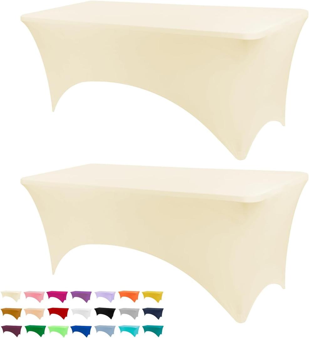 BDDC Table Covers for 6 Foot Tables, 2 Pack Ivory Washable and Wrinkle Resistant Stretch Tablecloths Rectangle 6ft for Events, Wedding, Banquets, Parties