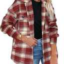 Beaully Women's Flannel Plaid Shacket Fall Winter Outfits Long Sleeve Button Down Shirts Jacket Coats with Side Pockets, M, Red