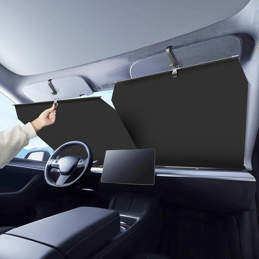Retractable Windshield Sun Shade with Size-Adjustable - Large Auto Visors Sunshade Fits Windshields of Various Models with Suction Cups, Block UV Rays & Sun Heat Insulation