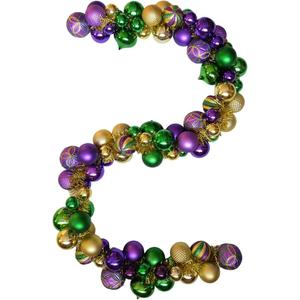 6 Ft Mardi Gras Garland with Purple Green Gold Glitter Balls, Carnival Bead Decor for Front Door, Mantel, Wall and Fireplace, Festive Fat Tuesday Indoor Outdoor Party Supplies