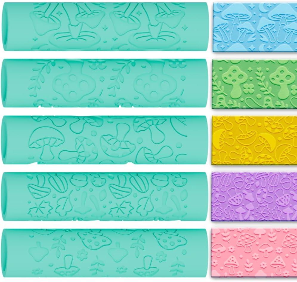 ACRNIGHEET 5 Pcs Polymer Clay Texture Roller, Mushroom Themed Embossing Rollers Pottery Stamp, Like Texture Sheets Work with Polymer Clay Cutters, Clays Jewelry Making Kit with Storage Box (Mushroon)