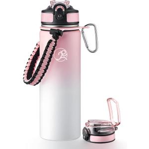 GOSWAG Insulated Sports Water Bottle, 24oz 2 Lids(with Straw/No Straw), Stainless Steel Water Bottles with Paracord Handle, Insulated Bottle with Double-Wall Vacuum Insulation (Pink-White Ombr)