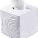 White Ceramic Rose Tissue Box Cover, Carved Flowers Large Square Tissue Box Holder Decorative for Bathroom, Vanity, Kitchen Countertop, Bedroom Night Stands, Office Desk Top