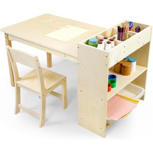 Kids Art Table and Chair Set, Birch Wooden Activity Craft Table, Kids Drawing Table, Toddler Desk with Storage and 1 Chair (Large)