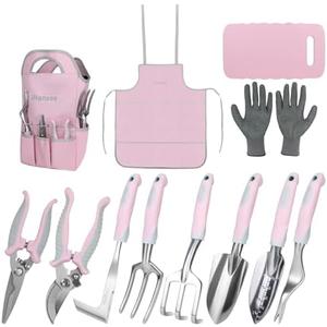 Pink Garden Tool Sets 12 Pieces, iHansee Aluminum Gardening Hand Tools with Non-Slip Handle, Kneeling Pad, Apron, Gloves and Organizer Bag, Landscaping Tools - Gift for Women & Garden Enthusiasts