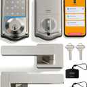 Veise VE017-B Fingerprint Smart Lock for Front Door, App Control, 8-in-1 Keyless Entry Deadbolt with 2 Zinc Alloy Lever Handles Set, Emergency Power Port, Auto Lock, Electronic Keypad, Satin Nickel