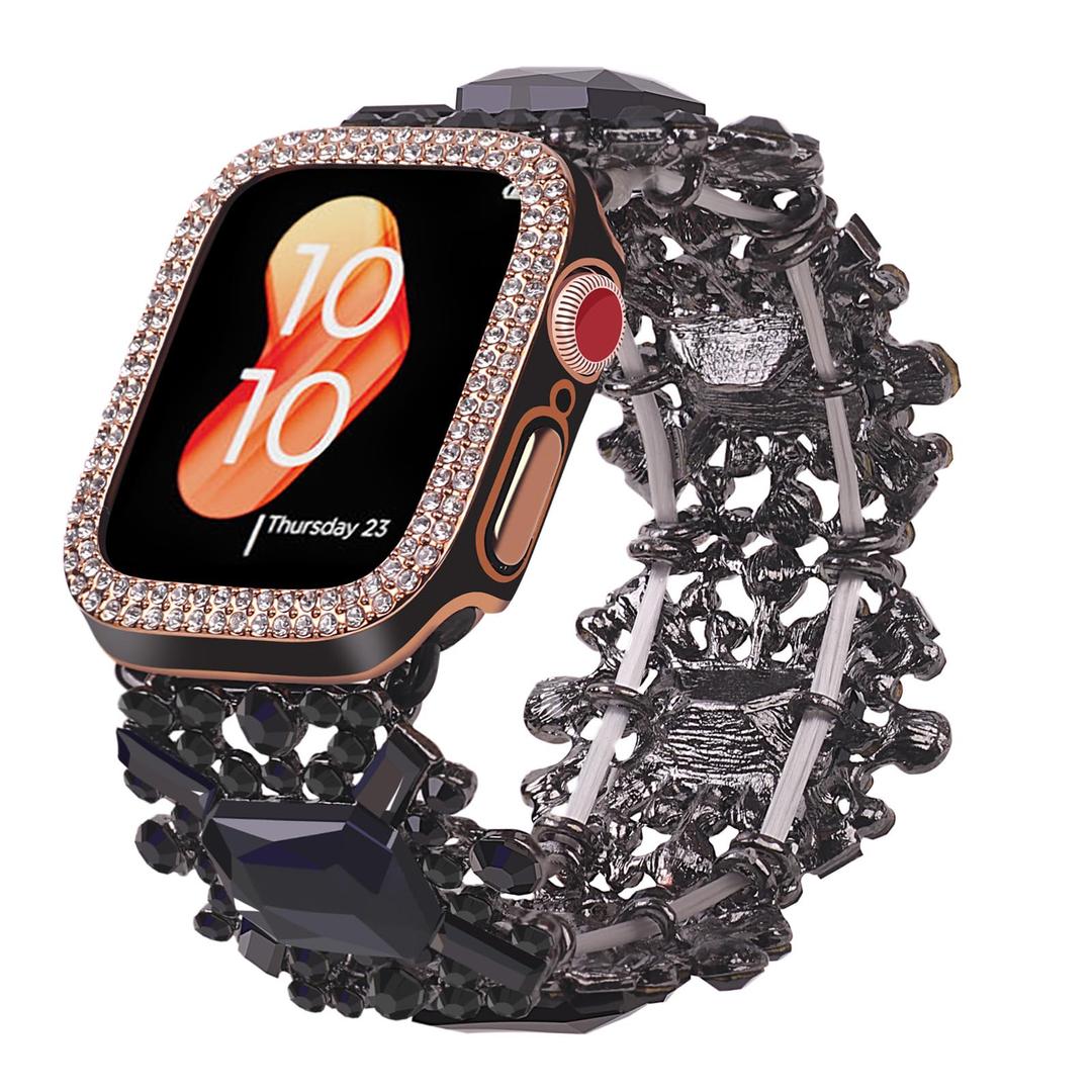 VIIVY VIYIV Bling Band with Case Compatible with Apple Watch Bands Series 9 8 7 SE 45mm 44mm 40mm 38mm 41mm 42mm for Women, Smart Watch Bracelet Straps with Starlight Cover, Dressy Cute Elastic