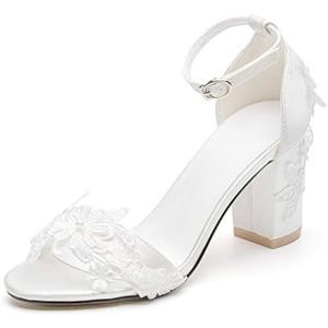 Women's Bridal Shoes Open Toe Mid Block Heel Lace Satin Ankle Strap Comfortable Wedding Dress Pump Sandals Size 40