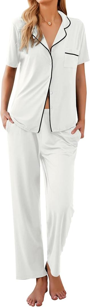 Ekouaer Women Pajamas Set Button Down Sleepwear Short Sleeve Nightwear with Long Pants Soft Pjs Set (White, XXL)