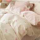 Nayoroom Bow Duvet Cover Queen Size 100% Cotton White Pink Striped Reversible Coquette Bedding Set 3 Pcs Soft Breathable Cute Aesthetic Comforter Cover with Zipper Closure Gift for Women Girls