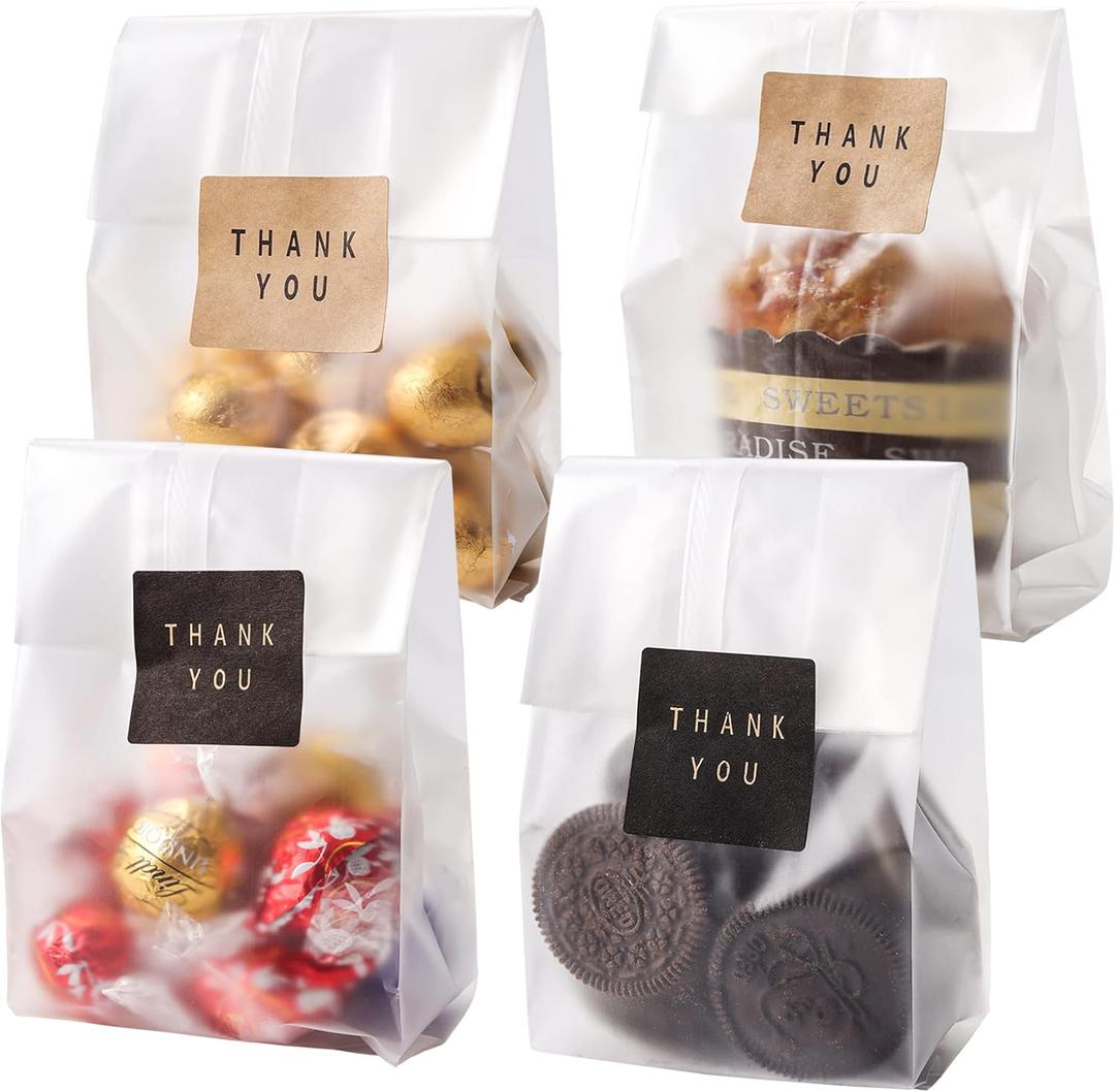 Cookie Bags for Packaging, 100 Pack Treat Bags with Thank You Stickers, 9 x 3.4 Inch for Individual Muffins, Brownies, Candy, Party Favors and Gift Giving (200 Piece Set, Fog Color)