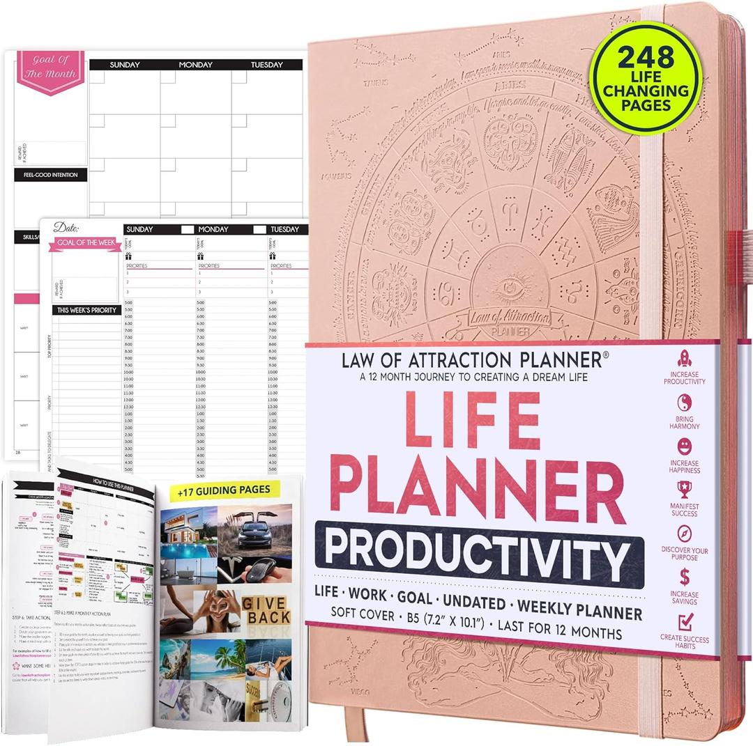 Law of Attraction Planner 2025 - Hourly, Weekly & Monthly Goal Setting Planner, 12 Month Journey to Increase Productivity | Life & Gratitude Journal, Include Foldable Vision Board, Gift Box & Stickers (B5 (Undated) 7.2" x 10.1", Rose Gold)