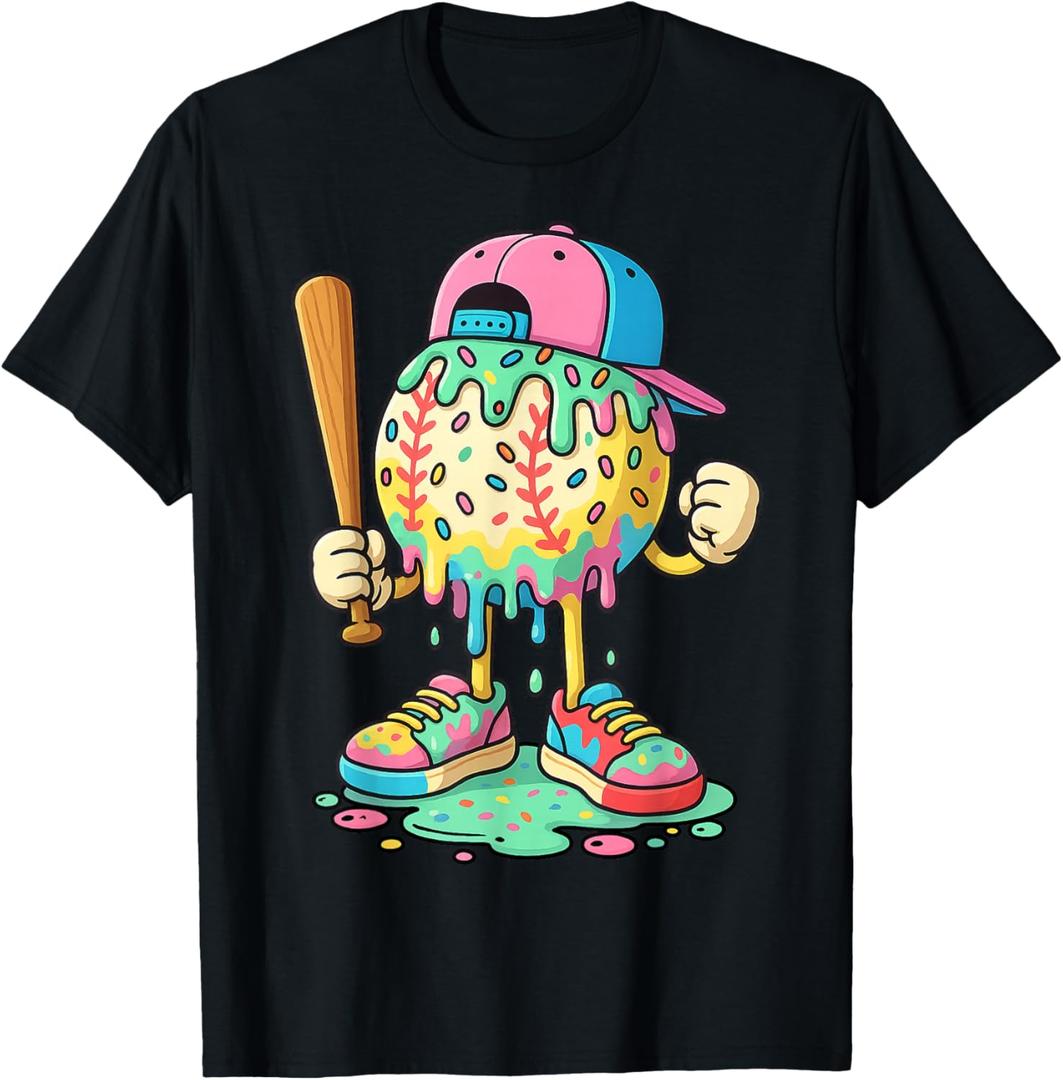 Baseball Drip for Boys Ice Cream Drip Baseball Sport T-Shirt, L