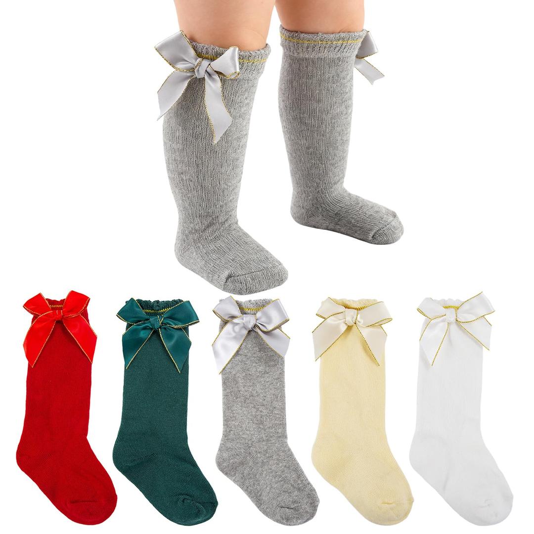 LGFKJNNJ Baby Knee High Socks - 5 Pair Bow Ruffle Dress Style
