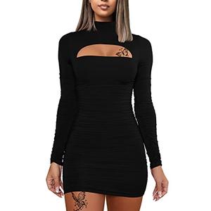 DAAWENXI Women's Sexy Long Sleeve Cut Out Bodycon Ruched Party Club Mini Dress Black, Size M