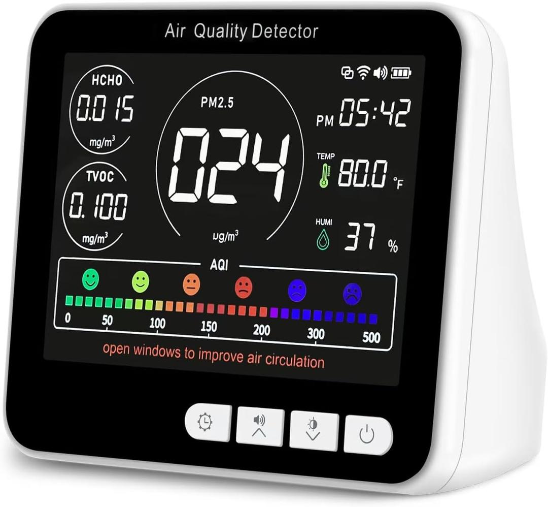 BIBIRE 14-in-1 Air Quality Monitor Indoor with Beep Alarm, 6 AQI Air Detector with PM1.0|PM2.5|PM10|HCHO|TVOC|AQI|Temperature|Humidity|Time for Home, Hotel, Office, Car, Battery Powered