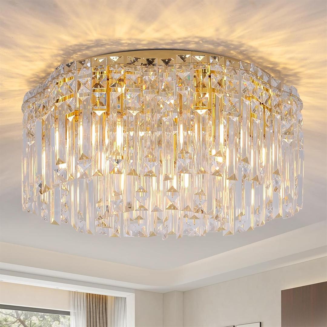 Flush Mount Crystal Chandelier, 18 inch Modern Crystal Ceiling Lights with Warm White Light Bulb (2700K), Flush Mount Small Gold Chandeliers Light Fixtures for Bedroom Living Room Hallway Entryway