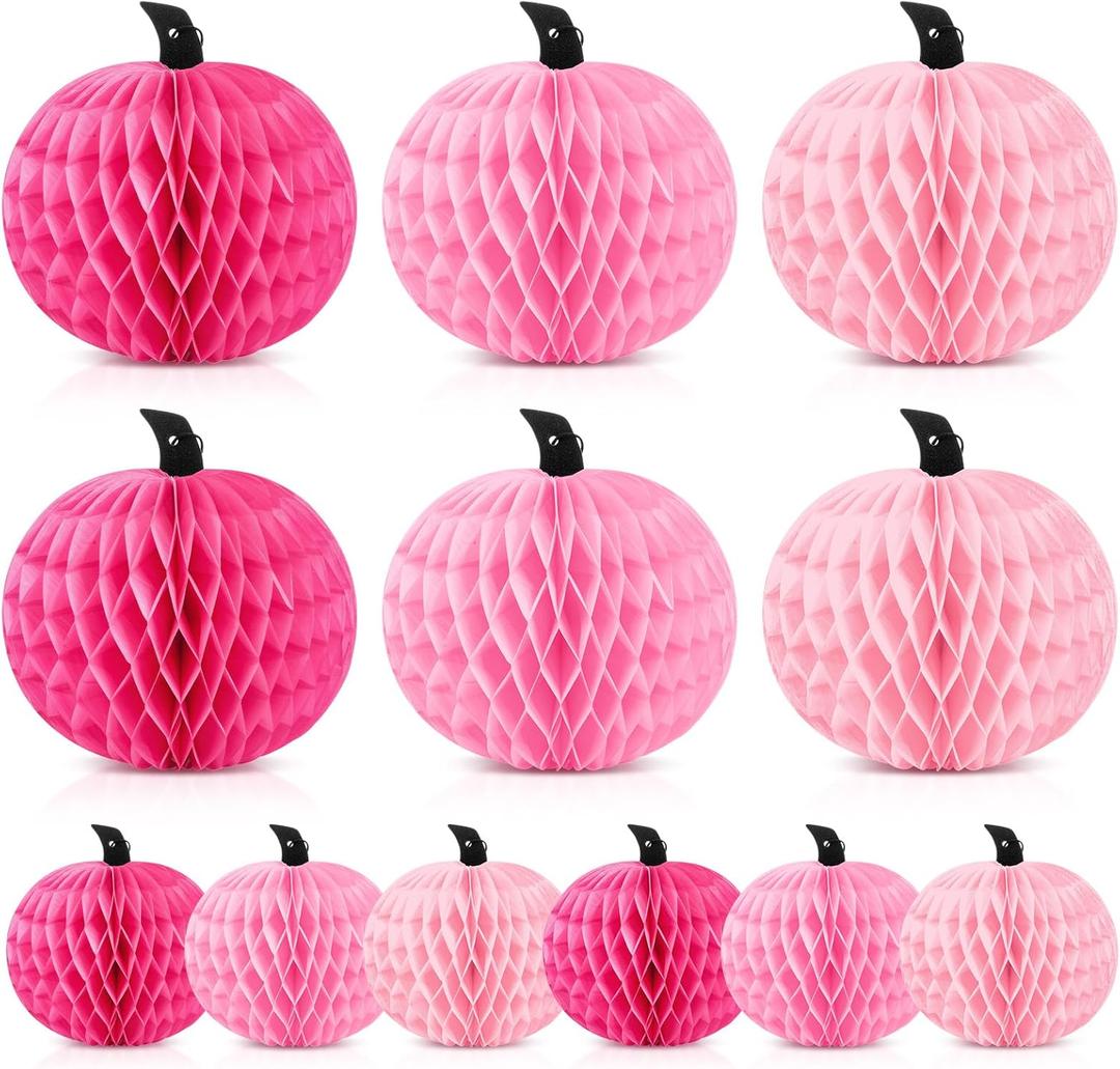 Epakh 12 Pcs Pumpkin Honeycomb Paper Halloween Table Centerpieces Pink 3D Tissue Paper Pumpkin Decoration 2 Sizes 3 Colors Halloween Thanksgiving Day Fall Home Party Decorations Supplies