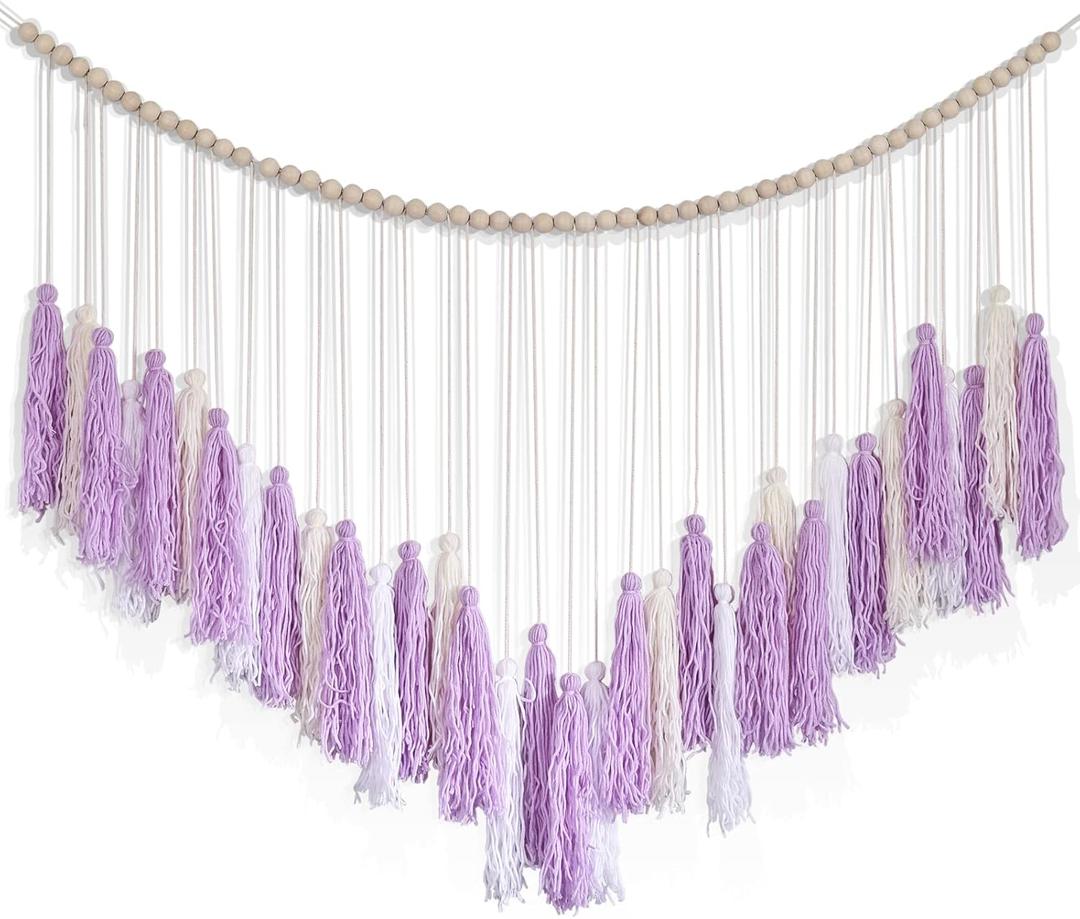 Boho Macrame Wall Hanging,Large Purple Cotton Tassel Garland,Colorful Birthday Decor,Party Backdrop Christmas Decor for Bedroom,Nursery,Play Room,Baby Shower,Girls Room Decor