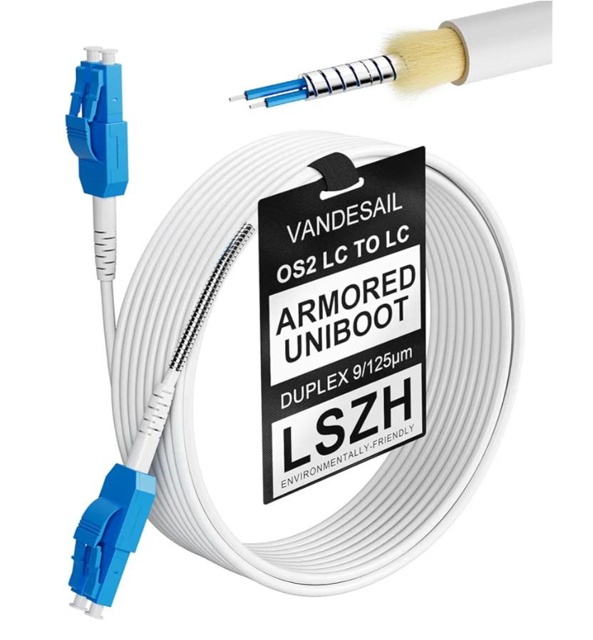 VANDESAIL OS2 LC LC Fiber Patch Cable Armored Uniboot, LC to LC Singlemode Fiber Jumper SMF Optical Patch Cord Cable LC-LC for SFP+ Transceivers 1/10GB 9/125µm LSZH -18M/60FT 1pack