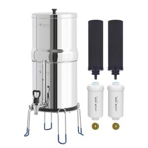 Gravity-Fed Water Filter System, 3.25G Stainless-Steel Countertop System with 2 Black NSF/ANSI 42 Certification Elements, 2 Fluoride, Metal Water Level Spigot, Reduces Fluoride and Chlorine