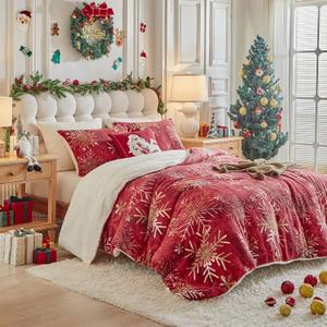Christmas Sherpa Comforter Set Queen Size 3 Pieces Holiday Red Winter Bedding Microfiber Warm Fleece Comforter with 2 Pillow Shams - Thanksgiving New Year Gift Choice with Gradient Golden Snowflake