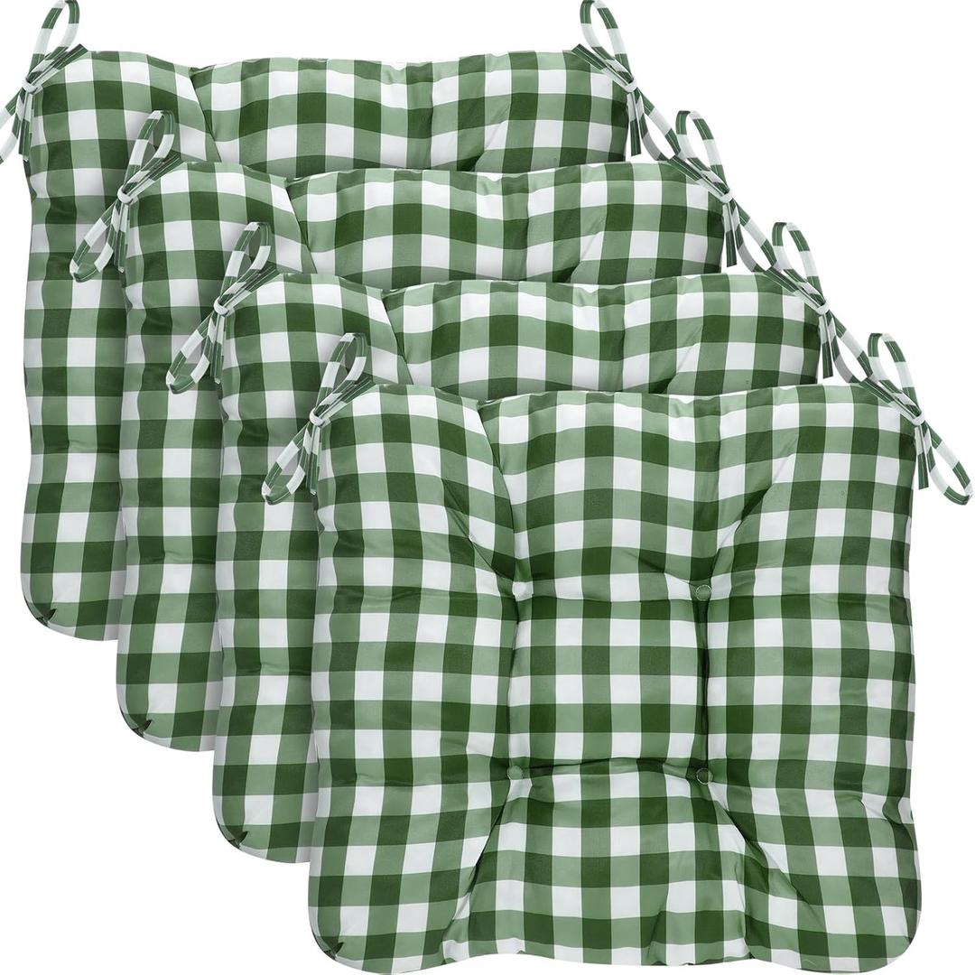 Geetery 4 Pack Chair Cushions for Dining Chairs, 16" x 15" Green and White Kitchen Chair Cushions with Ties Buffalo Plaid Soft Comfy Seat Pads for Home Office Living Room Outdoor Indoor