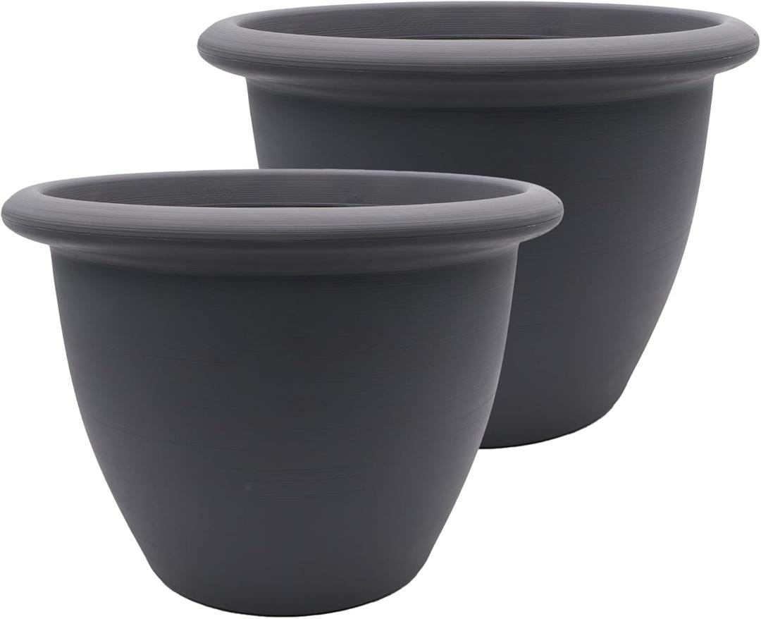 The HC Companies Sevilla Flower Planters - Durable Outdoor & Indoor Planter - Round Lightweight Self Watering Plant Pots for Herbs & More (12" Warm Gray, Pack of 2)