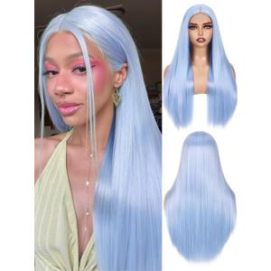 FAVE 26 Inches Light Blue Wig Long Straight Blue Wig for Women Heat-Resistant Synthetic Mermaid Wig Blue wigs for Cosplay&Daily Use