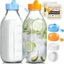 2 Pack 32 OZ Glass Milk Bottles with 2 Pour Spout Lids & 2 Nut Milk Bags & 2 Airtight Caps, Reusable Glass Bottles, Breast Milk Pitcher, Syrup, Honey, Water Jug, Juice Container for Refrigerator