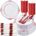 Nervure 350PCS Red Plastic Plates - White Red Plastic Dinnerware Set for 50 Guests - 100 Red Disposable Plates, 50 Pre Rolled Cutlery Set, 50 Cups Perfect for Wedding & Party & Valentine
