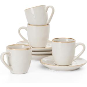famiware Ocean Espresso Cups with Saucers Set of 4, 3.34oz Espresso Cup Set, Coffee Mug Set for Latte, Macchiato, Stoneware Demitasse Cups Set for Cafe, Microwave&Dishwasher Safe, Cappuccino White