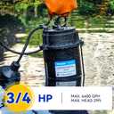 Acquaer Sewage Pump Submersible Water Pump with Automatic Float Switch, for Sump Basin, Residential Sewage, Black, 2'' NPT 3/4 HP 6400 GPH