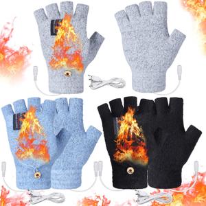 Giegxin 3 Pairs USB Heated Gloves for Women and Men Winter Hand Warmers Heating Mitten Full & Half Fingerless Heated Gloves Christmas Birthday Gift for Aldult Indoor Outdoor, Blue Black and Grey