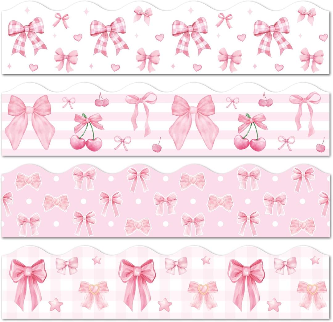 BeYumi Pink Bows Border Trim - 80Pcs Back to School Watercolor Pink Bow Coquette Bulletin Board Border Aesthetic Bowknot Decor for Preschool Kindergarten Elementary Classroom Chalkboard Birthday Party