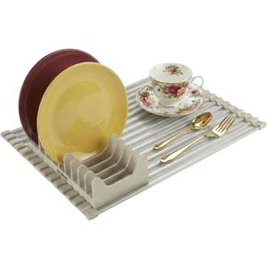 Medium Aluminum Roll Up Dish Drying Rack (17" x 13") - Fits Sinks up to 16 Inches, Heavy Duty Square Bar, Rust-Proof & Heat Resistant with Removable Dish Holder (Beige Medium)