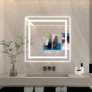 28 X 28 Inch Square LED Bathroom Vanity Mirror, 3 Colors Light Dimmable, Wall Mounted Memory Lighted Makeup Mirror with Anti-Fog Touch Switch (Front-lit&Backlit)