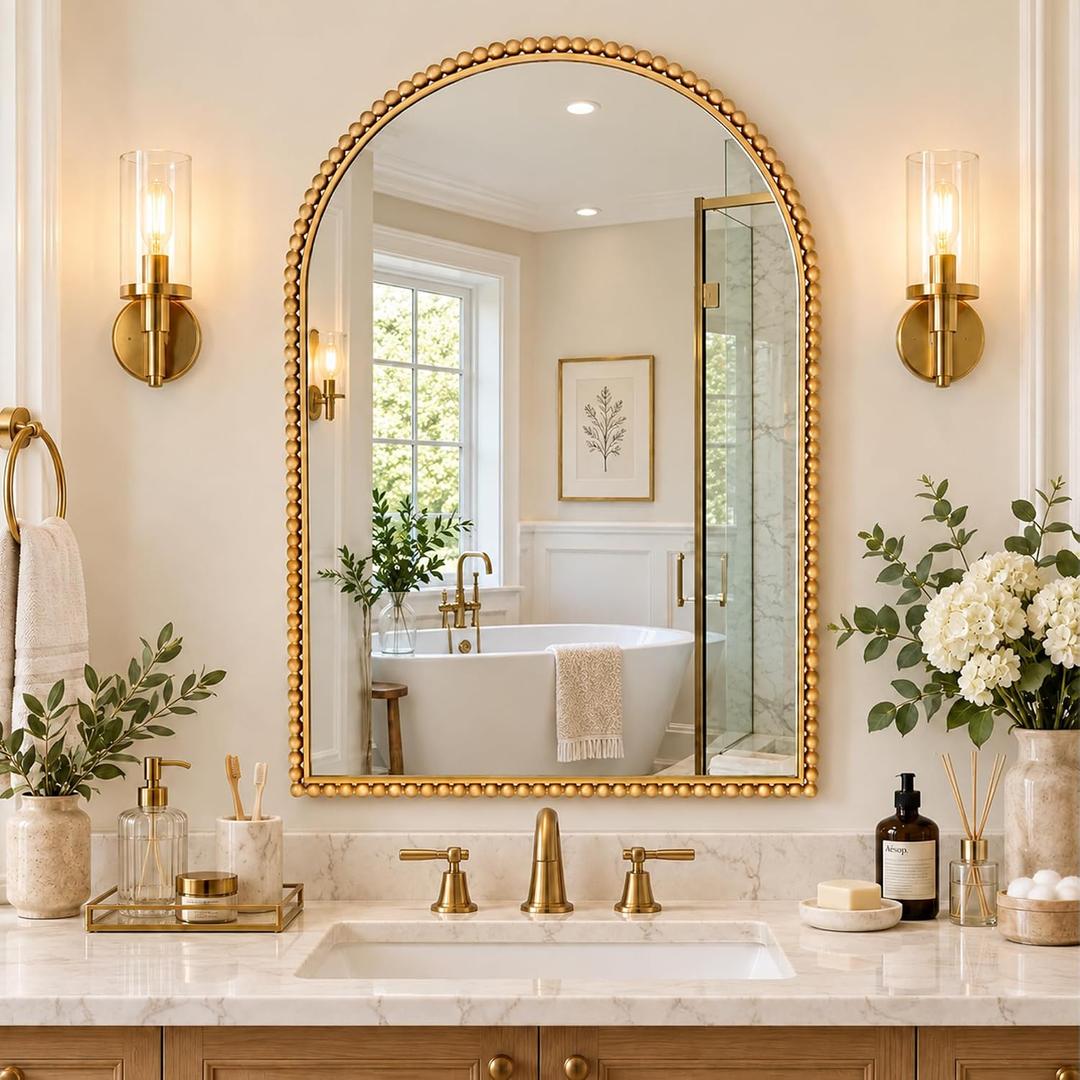 PERHOM 36"X24" Gold Arched Beaded Bathroom Mirror,Vintage Wall Decor