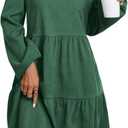 Ladies' Long-Sleeved Mid-Length Dress with a Round Neck and a Waist-Highlighting Short Style for Autumn Casual (Green, XL)