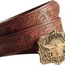 IZUS Western-Belts for Men Cowboy-Boy-Style Retro Cowgirl County Belt with 1.5"-wide Bull-Floral-PU-Strap Women Waist-Belts (Brown-2413a Buckle)