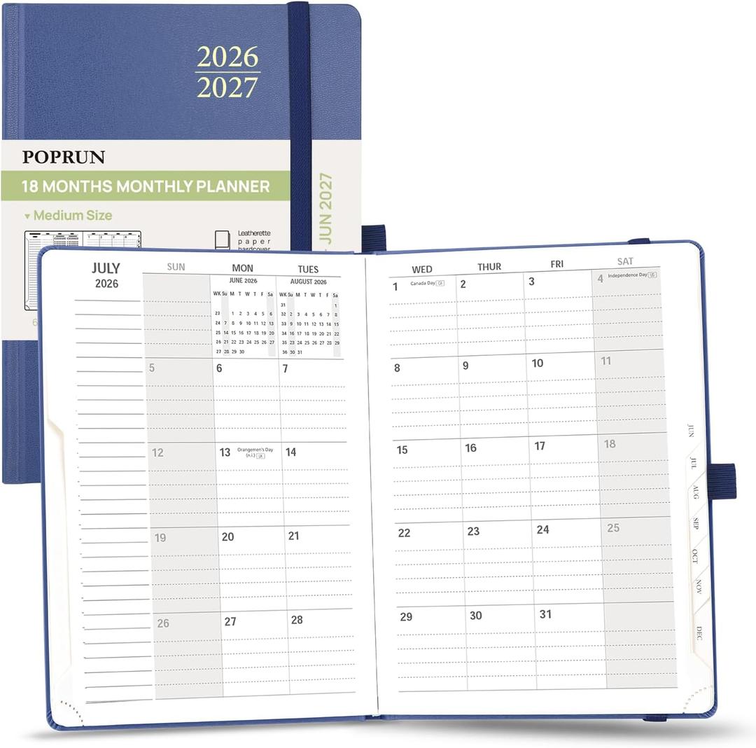 POPRUN Monthly Planner 2026-2027, Medium-6.25'' x 8.5'', 18-Month Calendar Book (Jan.26 - Jun.27), Calendar Planner with Monthly Tabs, Storage Pocket, Hardcover, 100 GSM Paper - Navy Blue