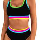 BMJL Women's High Waisted Bikini Sets Sporty Two Piece Swimsuits Color Block Cheeky High Cut Bathing Suits (Medium, Rainbow Black Pink011)