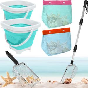 Upgraded Beach Sand Sifter Set - 6Pcs Shark Tooth Sifter & Shell Scooper with Extendable Mesh Scoops, Collapsible Buckets & Mesh Seashell Bags | Beach Scoop Shovel Tool for Shark Teeth Hunting