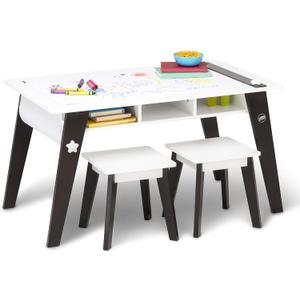 Wildkin Kids Arts and Crafts Table Set for Boys and Girls, Mid Century Modern Design Craft Table Includes Two Stools, Paper & Storage Cubbies Underneath Helps Keep Art Supplies Organized (Espresso)