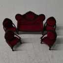 5 Pcs 1:12 Miniature Dollhouse Furniture, Include Vintage Red Wooden Carved Sofa Couch 4 Pcs Wooden Carved Single Sofa Chairs Retro Red Armchairs for Living Room Bedroom Kitchen Birthday Decoration