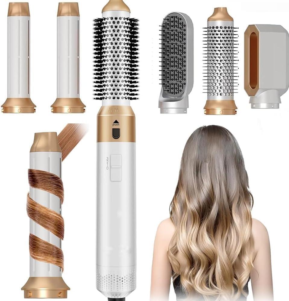 Hair Dryer Brush 5 in 1, Negative Ion Blow Dryer Brush Set Upgrade Hot Air Brush Air Styler Curling Wrap Air Curler, Curling Iron Hair Styling Tools As A Gift for Straight/Curl/Drying/Smoothing (Gold)