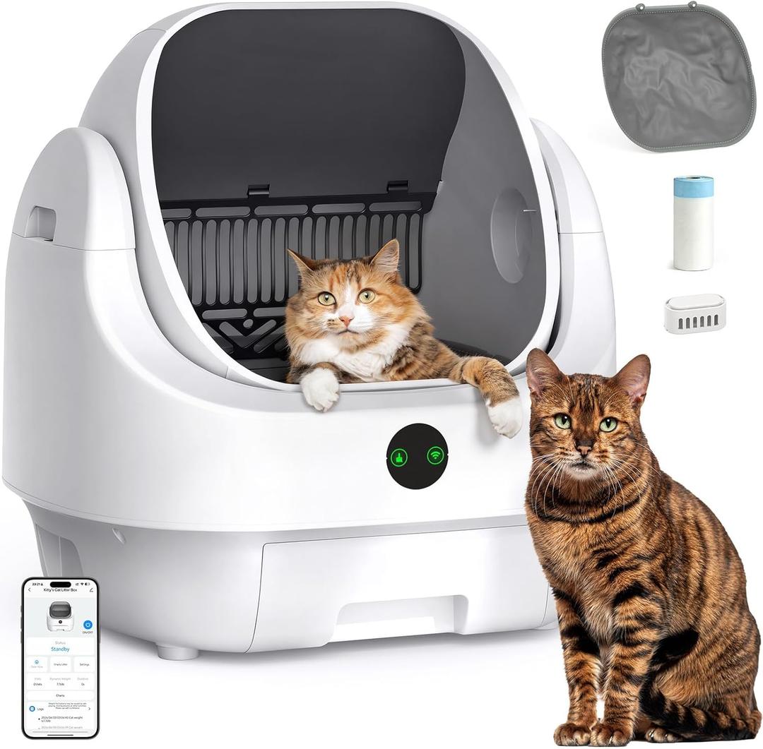 Open Top Automatic Litter Box, Odor Control, Ready to Use, Self Cleaning Litter Box, Large Capacity with APP Control and Safety Sensor, Ellenpent, with Trash Bags/Waterproof Mat/Litter Mat (White)