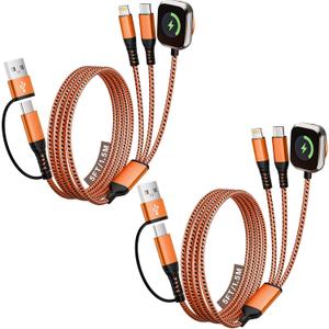 [2Pack-5FT] Travel Charger for iWatch, 3 in 2 Multi Charging Cable/Cord with IP/USB C/iWatch Charger, Travel Chargers for Multiple Devices, Compatible for iWatch Series/iPhone 17-8/iPad/AirPods (Sunset Orange)